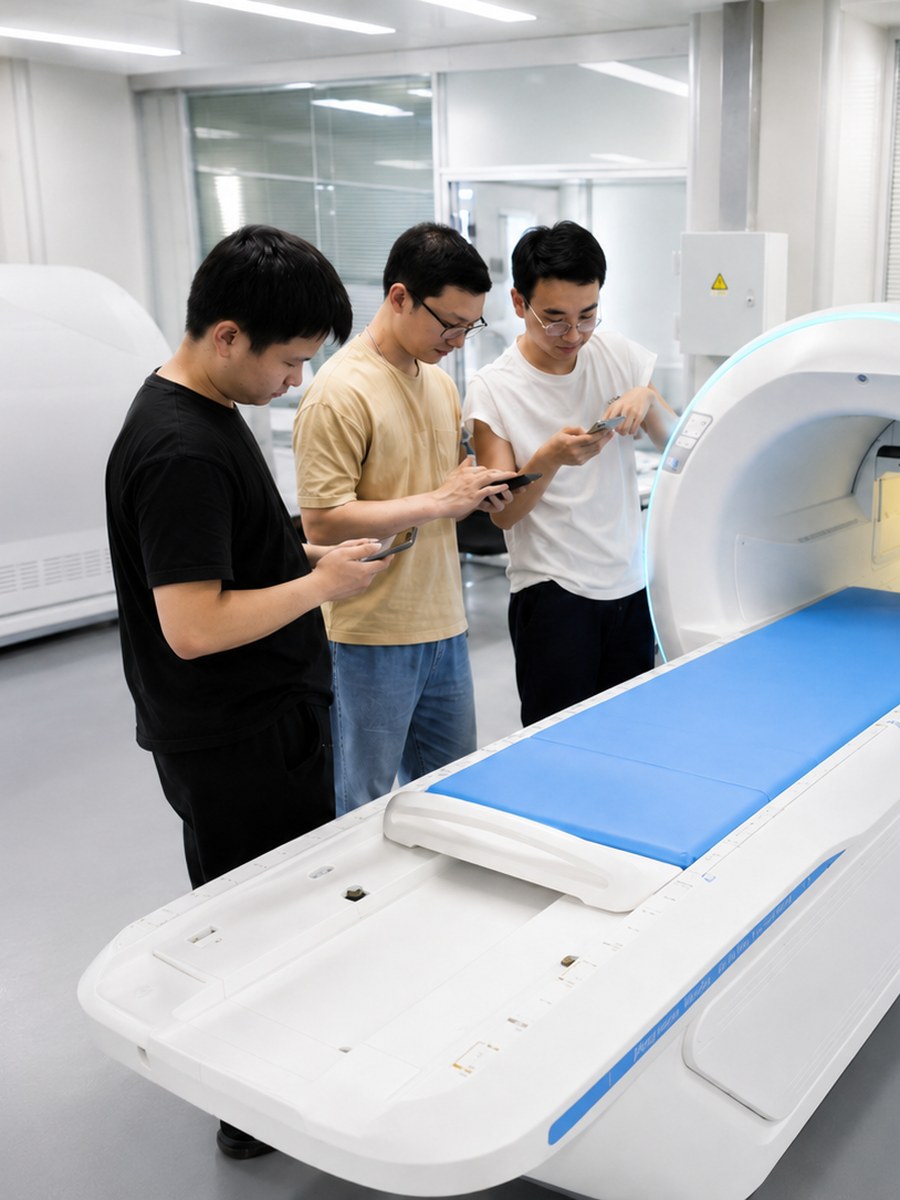 工程师在心磁成像设备旁进行现场调试与技术支持