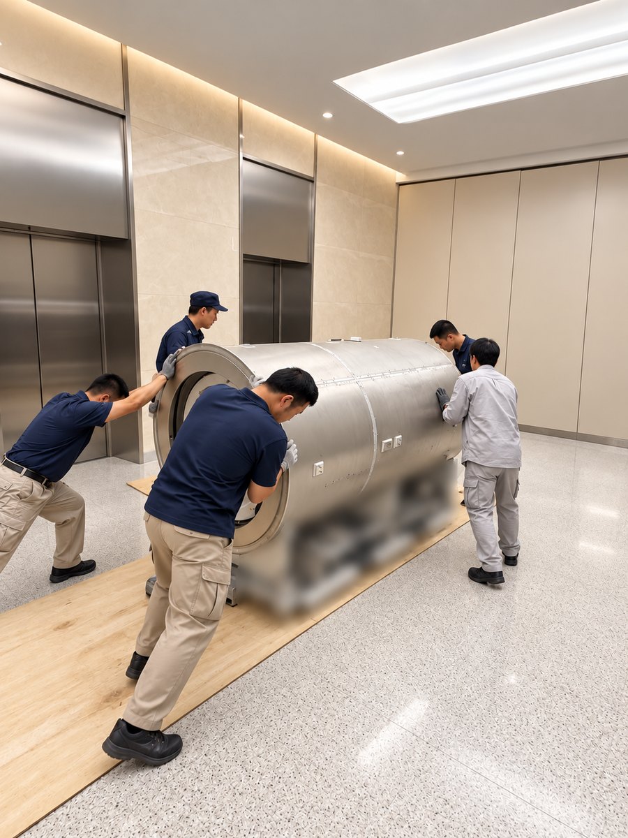 工程团队铺设地面保护垫，将屏蔽筒体推送就位