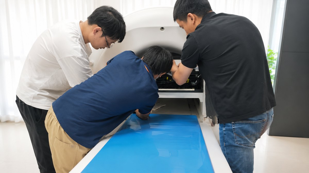 工程团队现场检修设备内部结构，开展巡检与调试